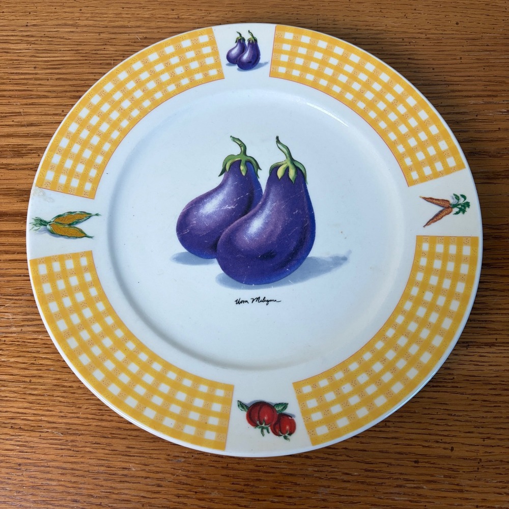Tabletops Unlimited Fresh Vegetables Eggplant Dinner Plate Yellow Gingham 10 in